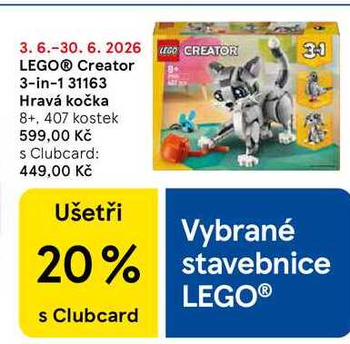 LEGO® Creator 3-in-1 31163 Hravá kočka 8+, 407 kostek Tesco