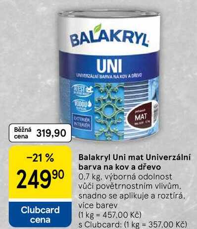 Balakryl Uni mat Univerzální barva na kov a dřevo, 0,7 kg. výborná odolnost vůči povětrnostním vlivům. snadno se aplikuje a roztírá, více barev
