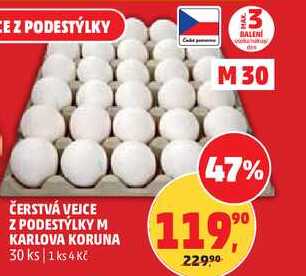 ČERSTVÁ VEJCE Z PODESTÝLKY M KARLOVA KORUNA, 30 ks
