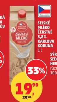 SELSKÉ MLÉKO ČERSTVÉ 3,8% KARLOVA KORUNA, 1 l