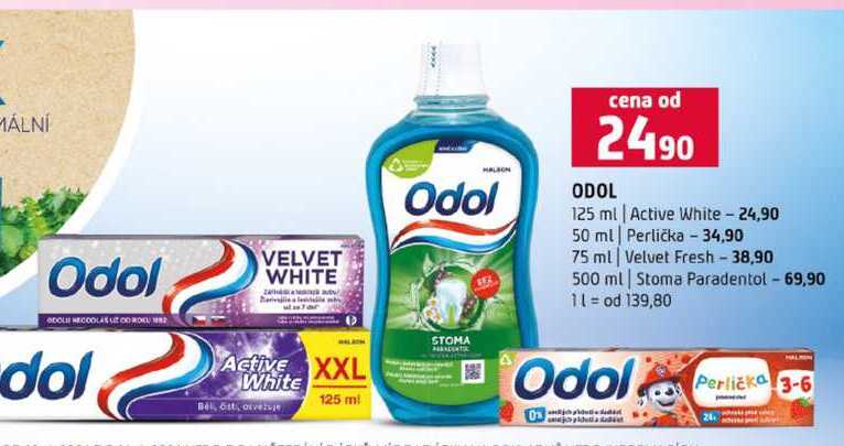 ODOL 125 ml Active White 50 ml Perlička 75 ml Velvet Fresh 500 ml Stoma Paradentol Terno