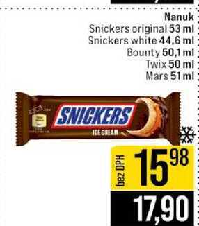 Nanuk Snickers original 53 ml Snickers white 44,6 ml Bounty 50,1 ml Twix 50 ml Mars 51 ml