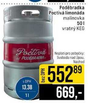 Poděbradka Poctivá limonáda malinovka 50l