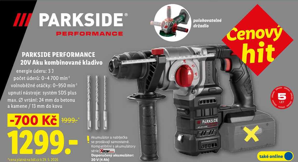 PARKSIDE PERFORMANCE 20V Aku kombinované kladivo