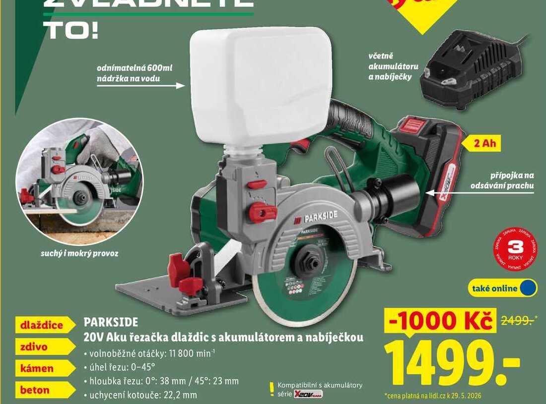 PARKSIDE 20V Aku řezačka dlaždic s akumulátorem a nabíječkou