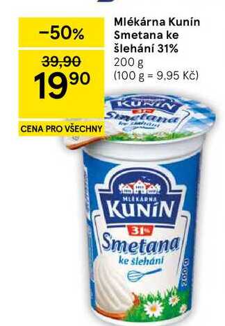 Mlékárna Kunín Smetana ke šlehání 31%, 200 g