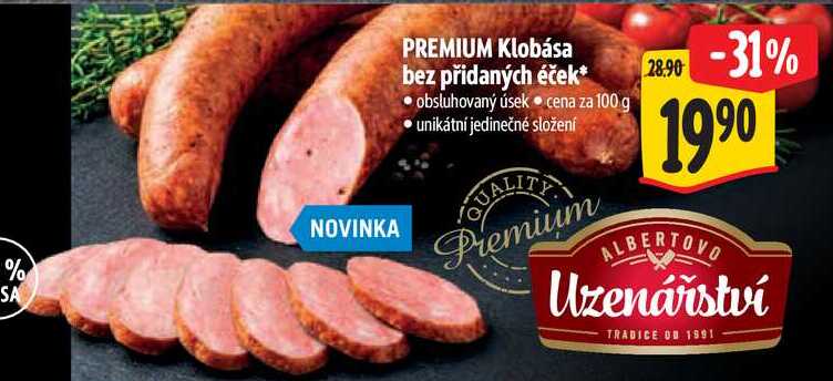 PREMIUM Klobása bez přidaných éček, cena za 100 g 