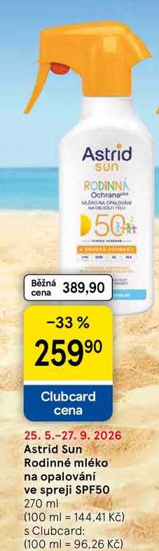 Astrid Sun Rodinné mléko na opalování ve spreji SPF50, 270 ml Tesco