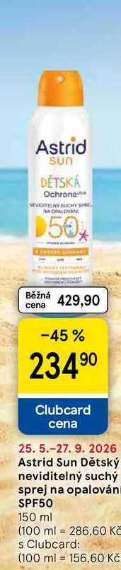 Astrid Sun Dětský neviditelný suchý sprej na opalování SPF50, 150 ml Tesco