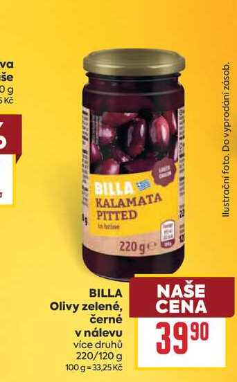 BILLA Olivy zelené, černé v nálevu více druhů 220/120 g