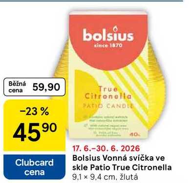 Bolsius Vonná svíčka ve skle Patio True Citronella, 9,1 × 9,4 cm, žlutá Tesco