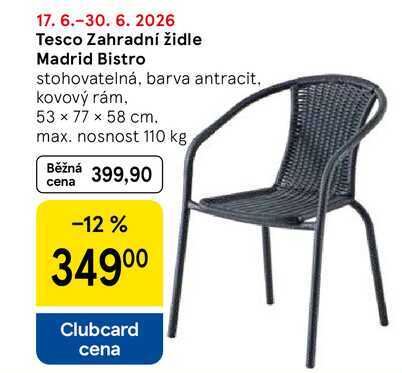 Tesco Zahradní židle Madrid Bistro stohovatelná, barva antracit, kovový rám, 53 x 77 x 58 cm. max. nosnost 110 kg 