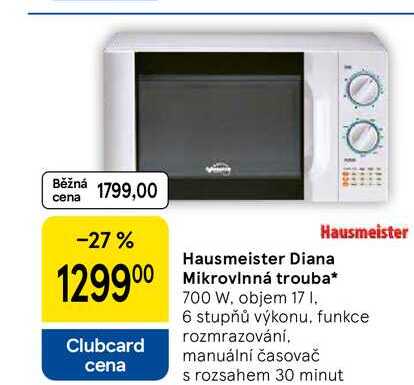 Hausmeister Diana Mikrovlnná trouba, 700 W, objem 17 I. 6 stupňů výkonu, funkce rozmrazování. manuální časovač s rozsahem 30 minut